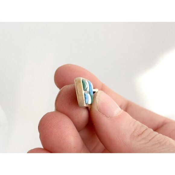 Geometric Malachite, Mother of Pearl & Blue Quartz 925 Sterling Vintage Pendant - Picture 8 of 10